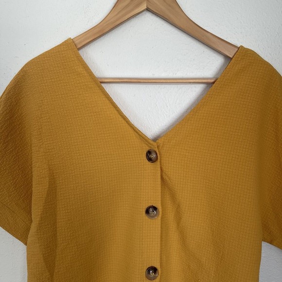 Yellow V Neck Button Up Shirt Short Sleeve Blouse Top Mustard Size Small Women's - Picture 2 of 6